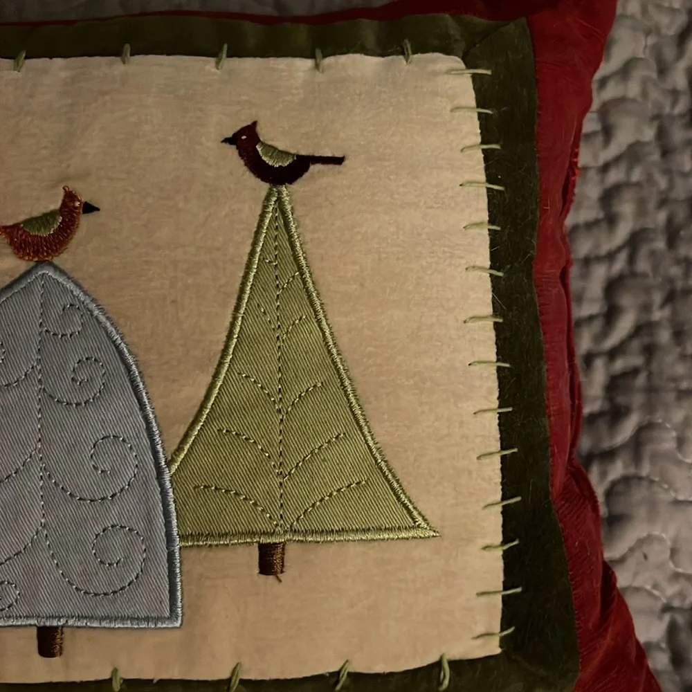 VTG CORDUROY Christmas Pillow with Xmas Tress and Birds